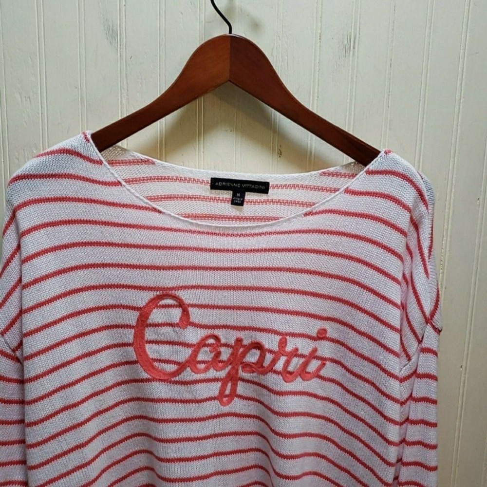 Adrienne Vittadini Sweater Womens Medium White Striped Capri Embroidered Knit